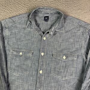 Gap Chambray Work Shirt Mens L Blue Pockets Chin Strap Vintage Distressed